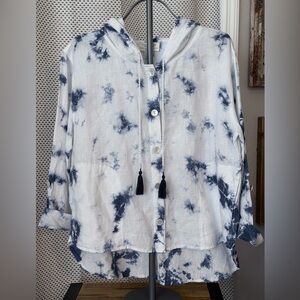 Rachael Zoe Womens Linen White & Navy Tie-Dye Hooded Button Shirt size L